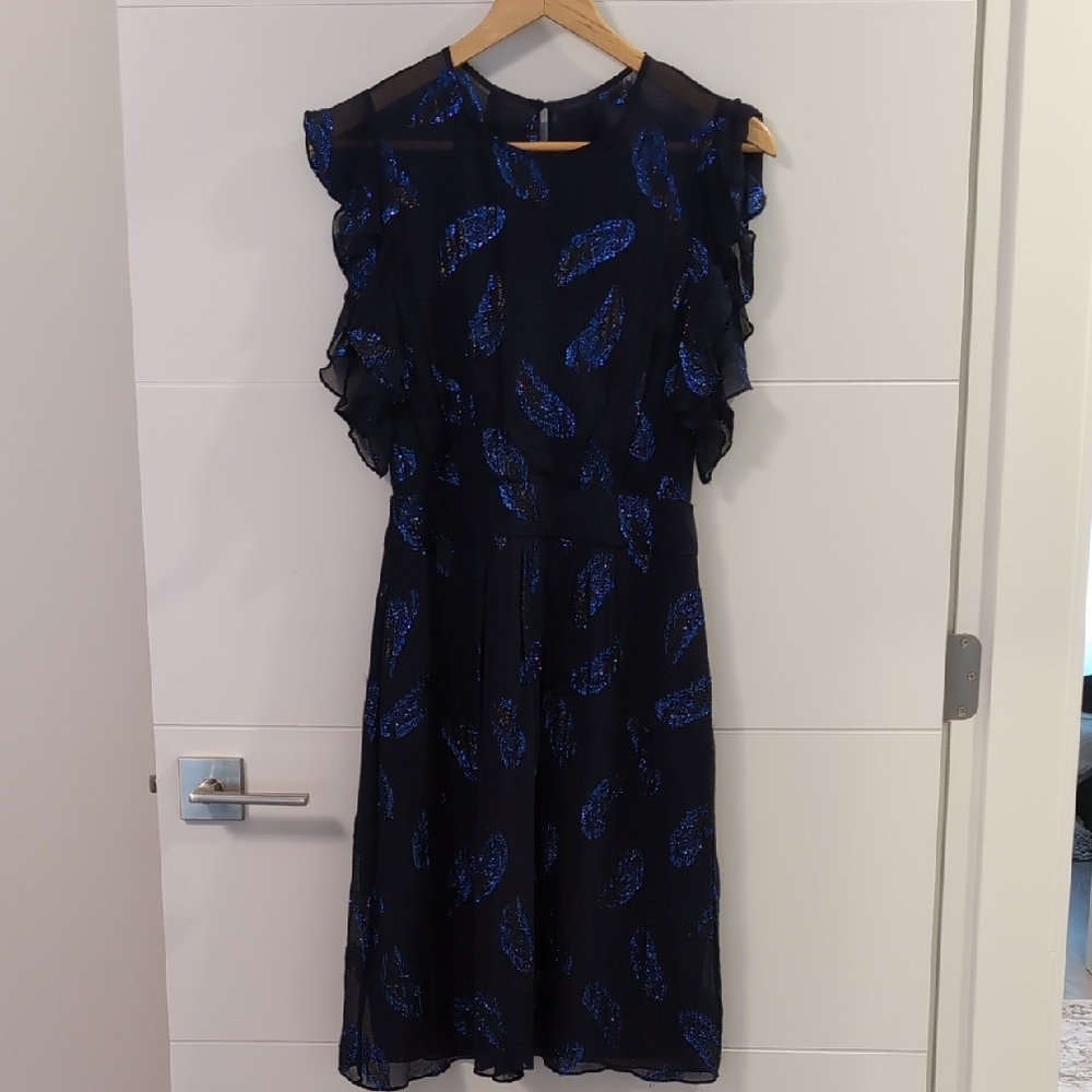 BCBGMaxAzria Flutter Sleeve Metallic Feather Print Dress - POCKETS